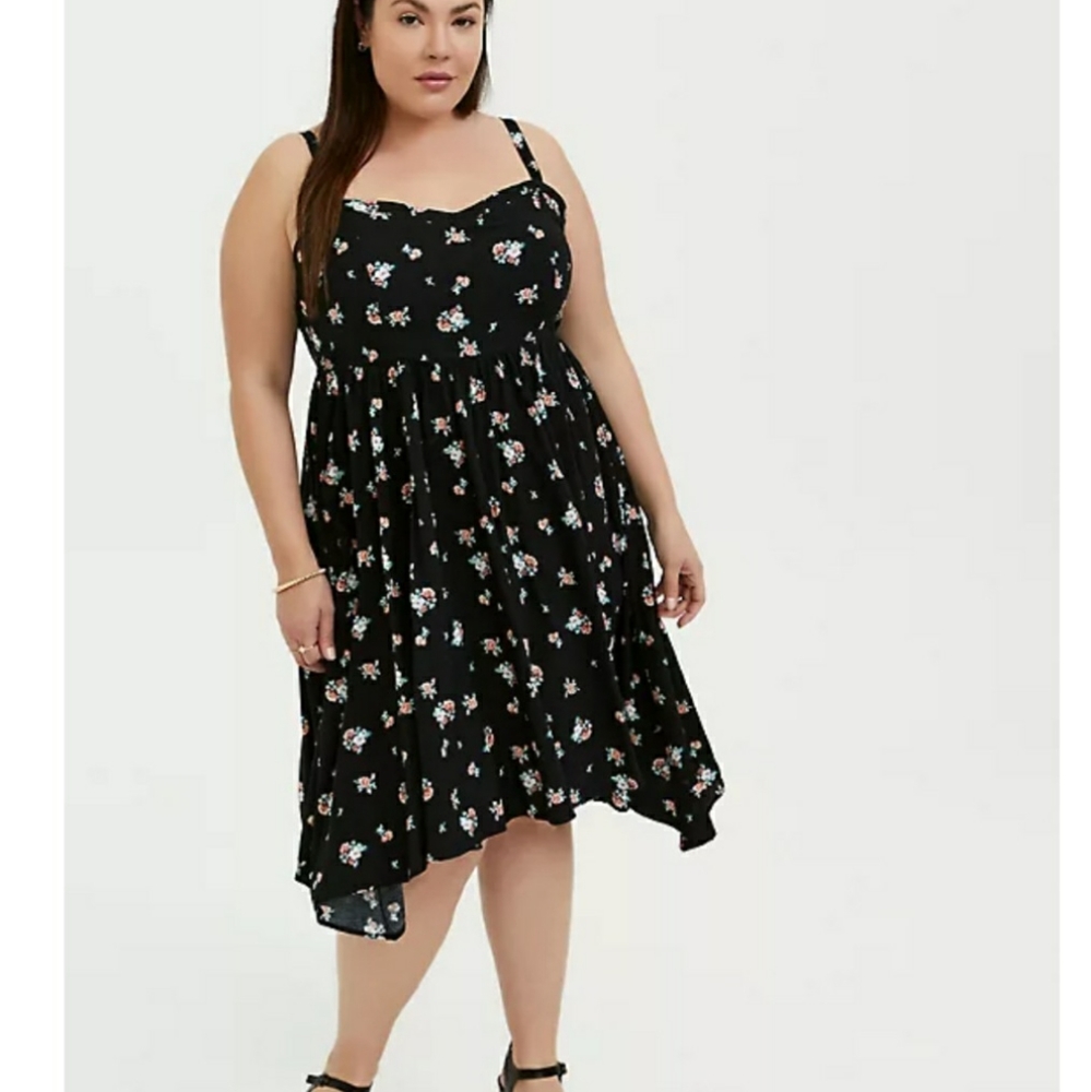 Torrid Black Floral Sharkbite Hem Midi Dress